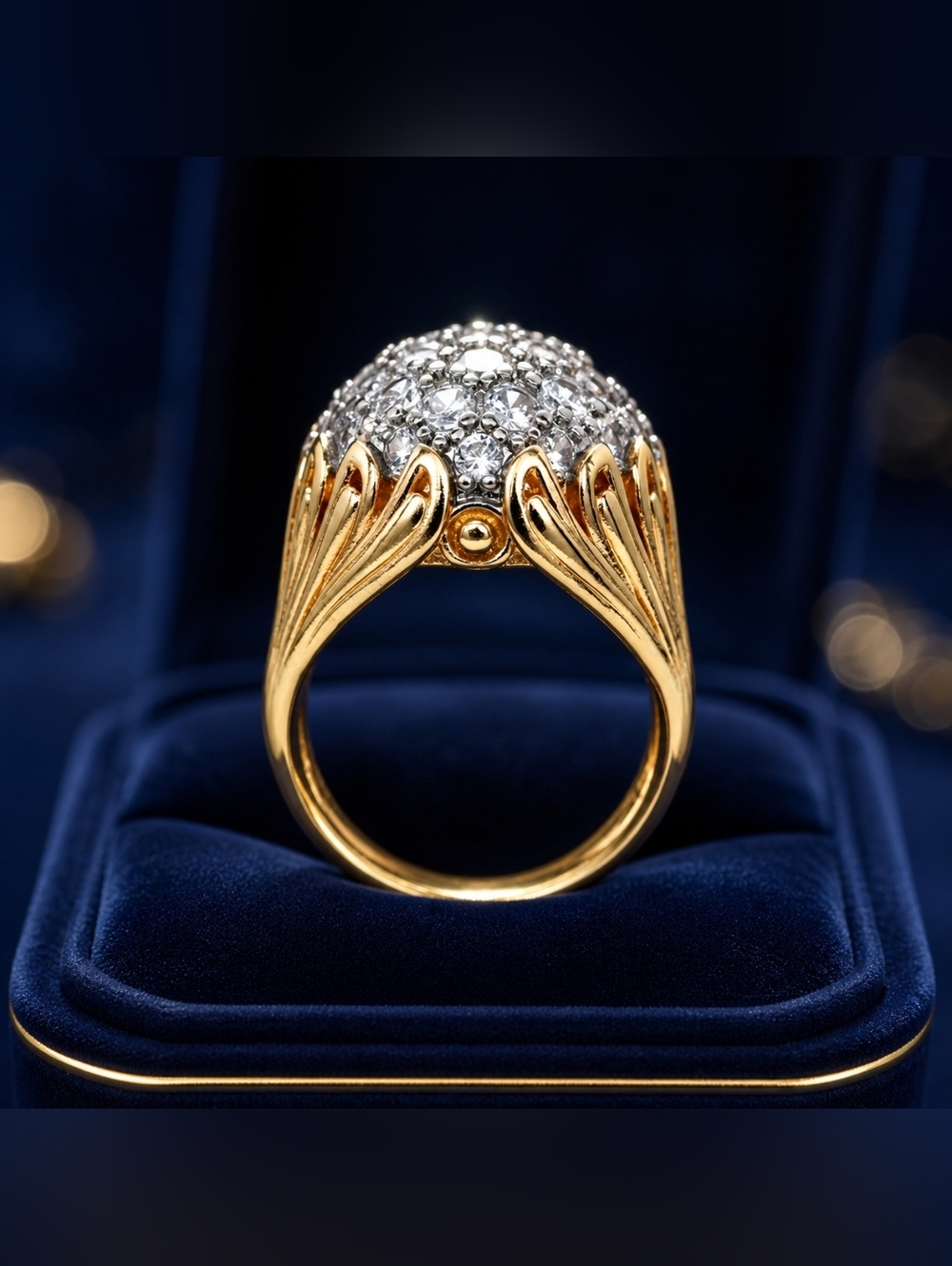 Gold Dome Ring with Clear Crystal Cluster